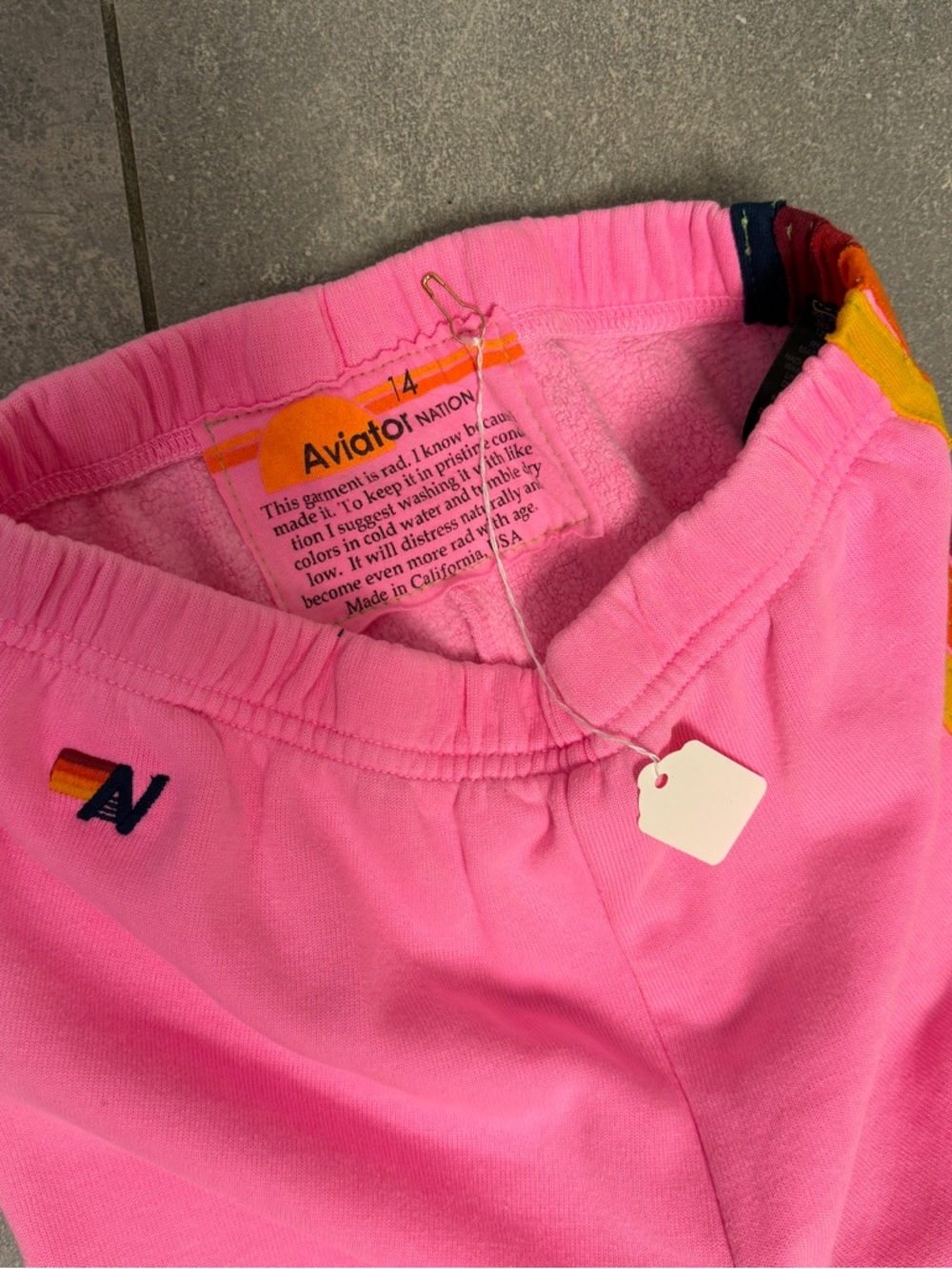 Aviator Nation Kids 5 Stripe Sweatpants Neon Pink Rainbow Size 14 Joggers Sweats - Picture 3 of 7